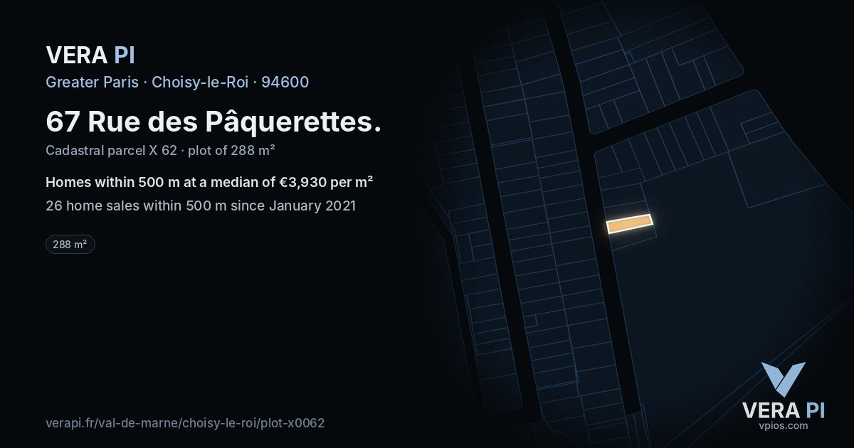67 Rue des Pâquerettes, Choisy-le-Roi at night – the plot lit, the parcels around coloured by the prices near them