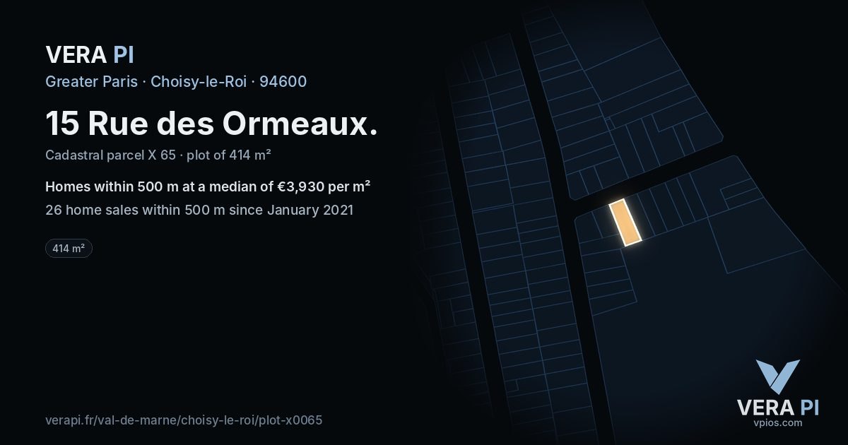 15 Rue des Ormeaux, Choisy-le-Roi at night – the plot lit, the parcels around coloured by the prices near them
