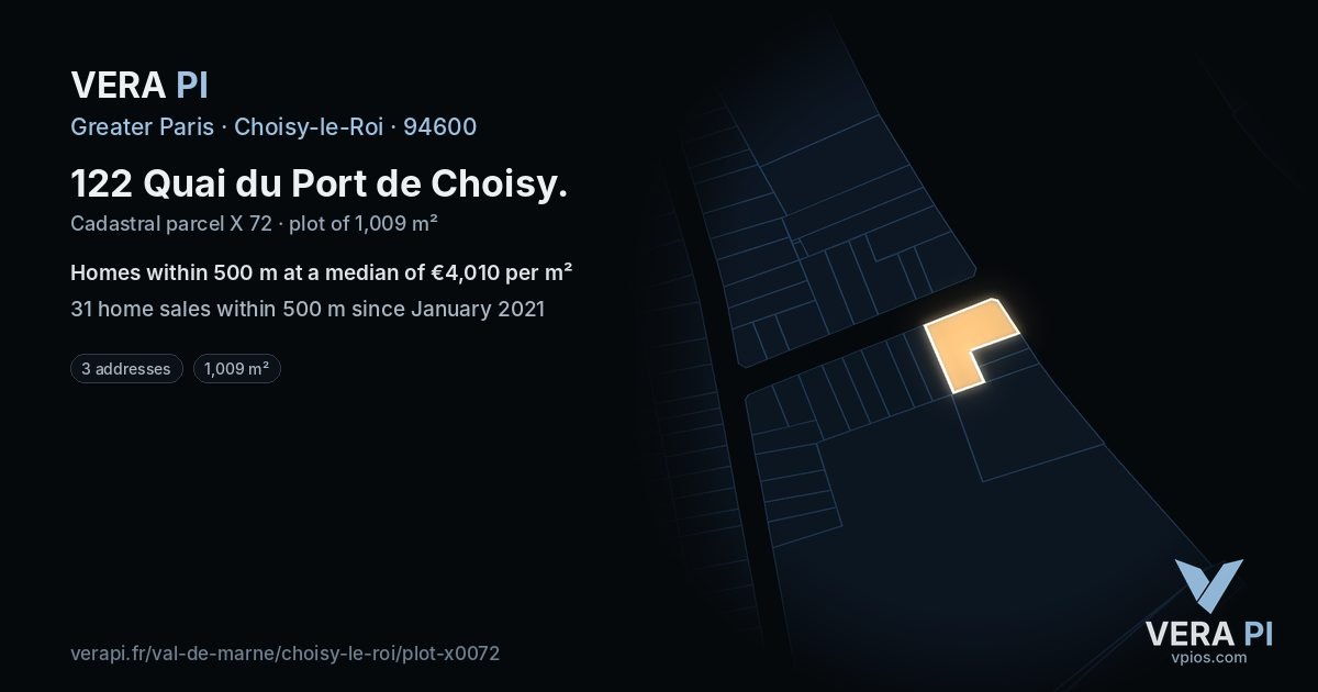 122 Quai du Port de Choisy, Choisy-le-Roi at night – the plot lit, the parcels around coloured by the prices near them