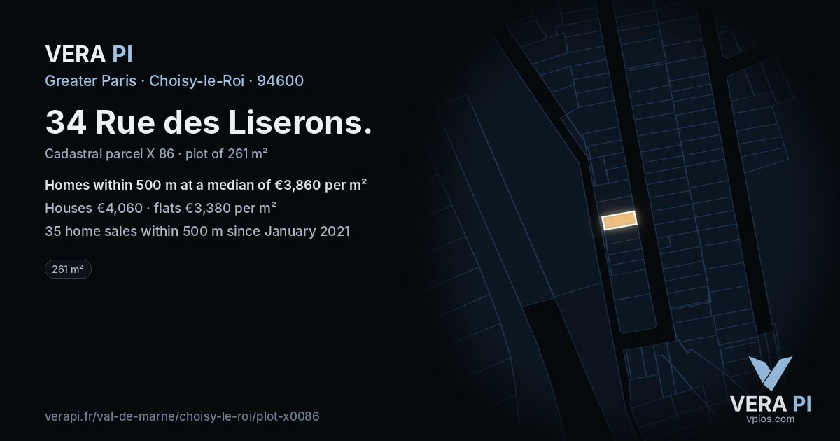 34 Rue des Liserons, Choisy-le-Roi at night – the plot lit, the parcels around coloured by the prices near them