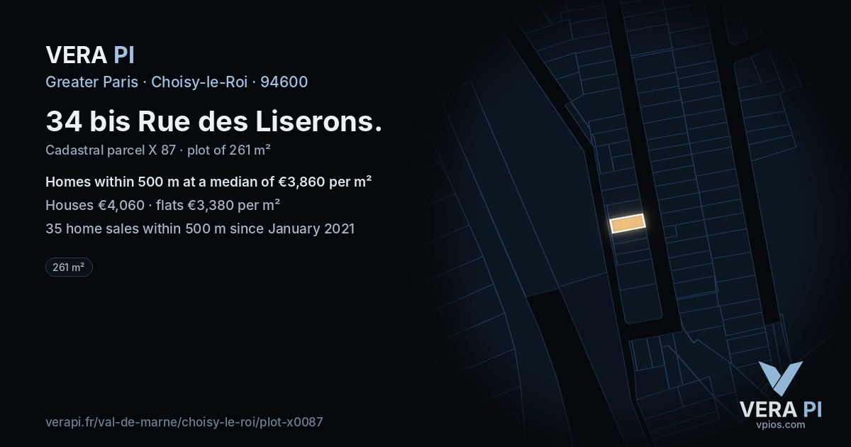 34 bis Rue des Liserons, Choisy-le-Roi at night – the plot lit, the parcels around coloured by the prices near them