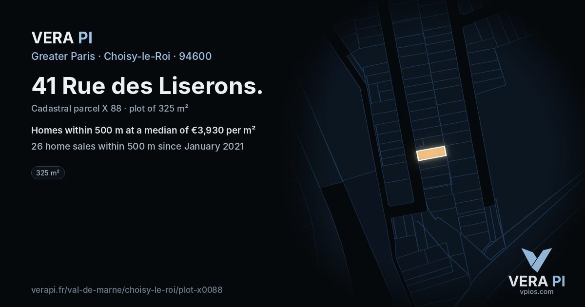 41 Rue des Liserons, Choisy-le-Roi at night – the plot lit, the parcels around coloured by the prices near them