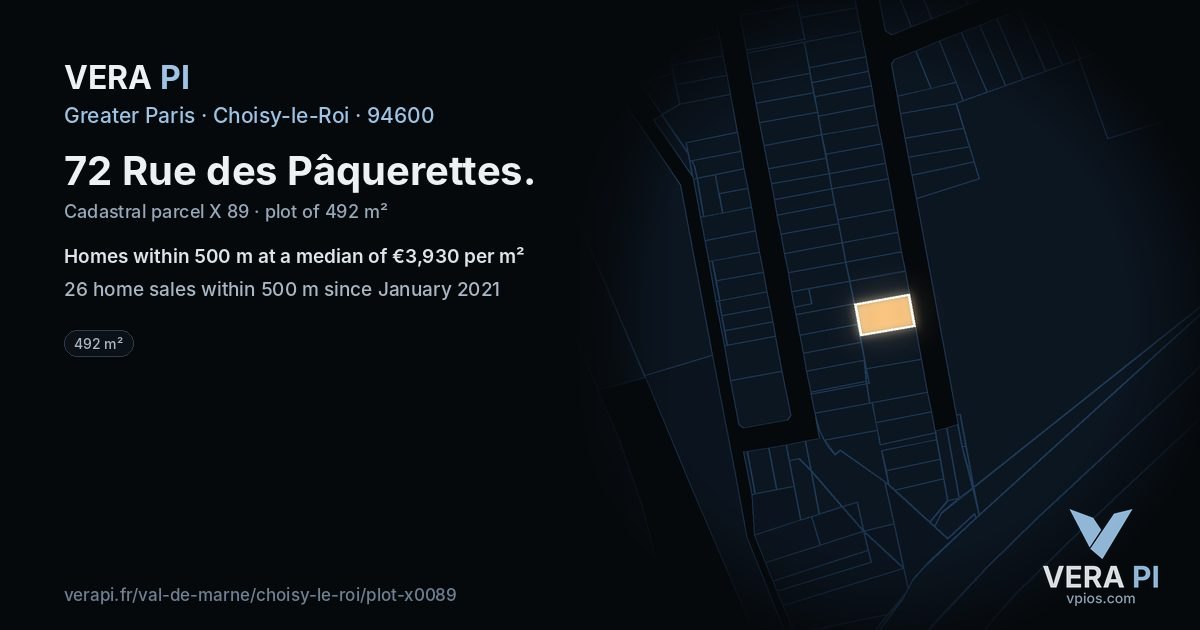 72 Rue des Pâquerettes, Choisy-le-Roi at night – the plot lit, the parcels around coloured by the prices near them