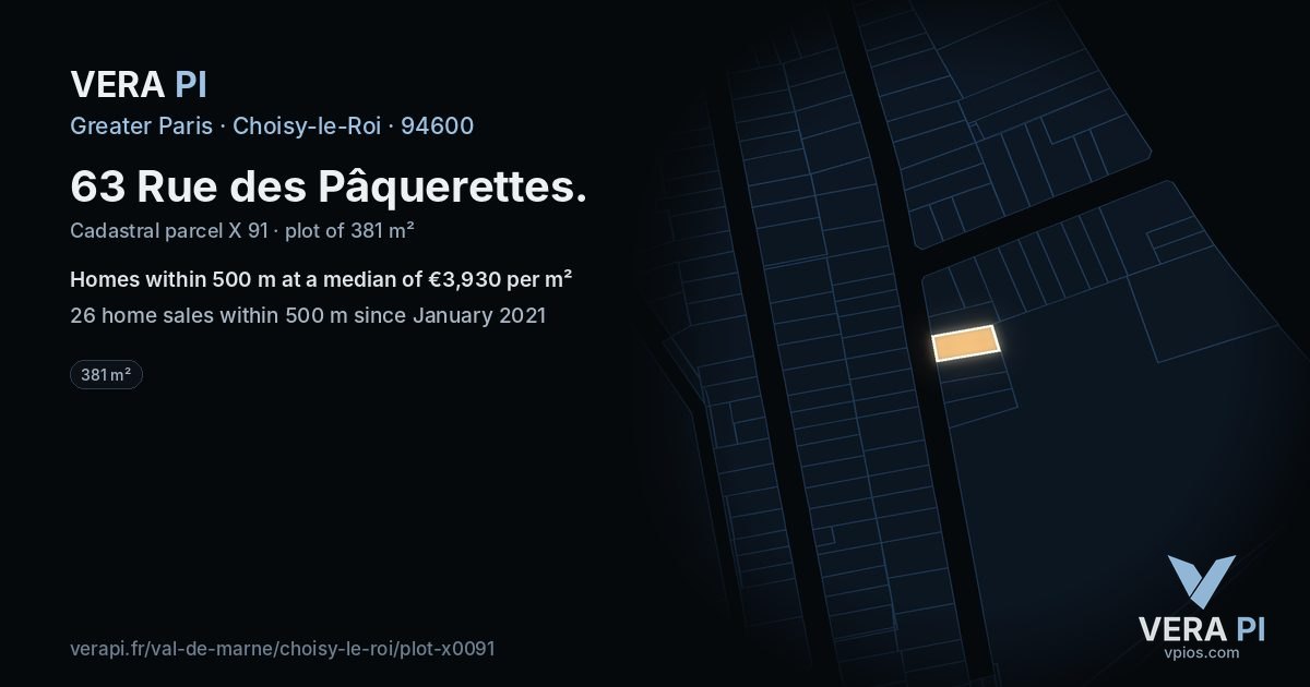63 Rue des Pâquerettes, Choisy-le-Roi at night – the plot lit, the parcels around coloured by the prices near them