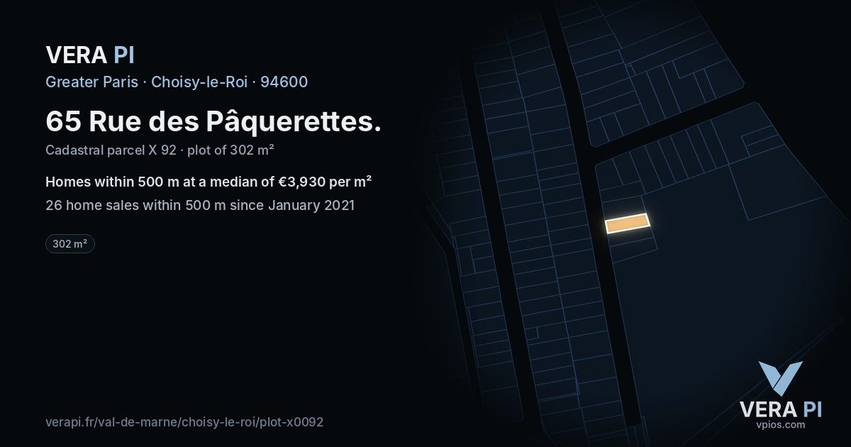 65 Rue des Pâquerettes, Choisy-le-Roi at night – the plot lit, the parcels around coloured by the prices near them