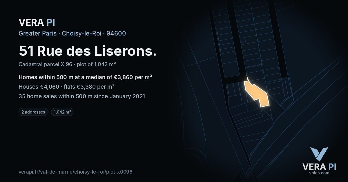 51 Rue des Liserons, Choisy-le-Roi at night – the plot lit, the parcels around coloured by the prices near them