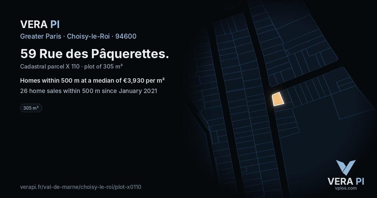 59 Rue des Pâquerettes, Choisy-le-Roi at night – the plot lit, the parcels around coloured by the prices near them