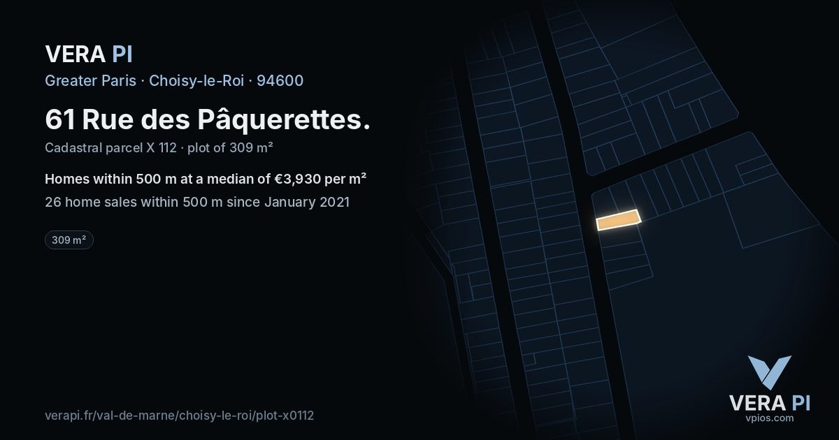 61 Rue des Pâquerettes, Choisy-le-Roi at night – the plot lit, the parcels around coloured by the prices near them