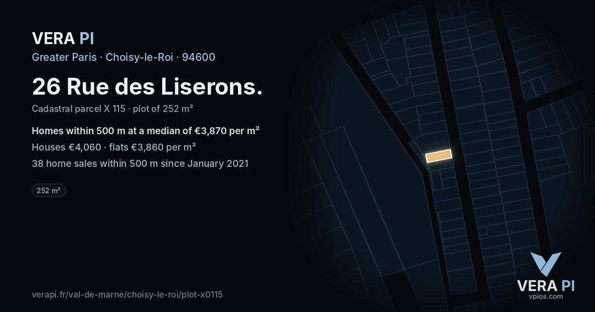 26 Rue des Liserons, Choisy-le-Roi at night – the plot lit, the parcels around coloured by the prices near them