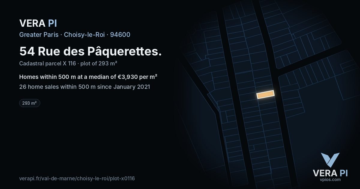 54 Rue des Pâquerettes, Choisy-le-Roi at night – the plot lit, the parcels around coloured by the prices near them