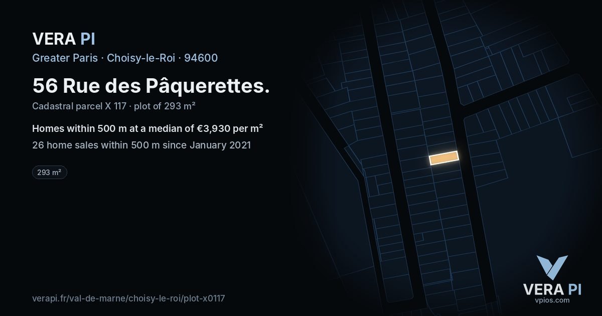 56 Rue des Pâquerettes, Choisy-le-Roi at night – the plot lit, the parcels around coloured by the prices near them