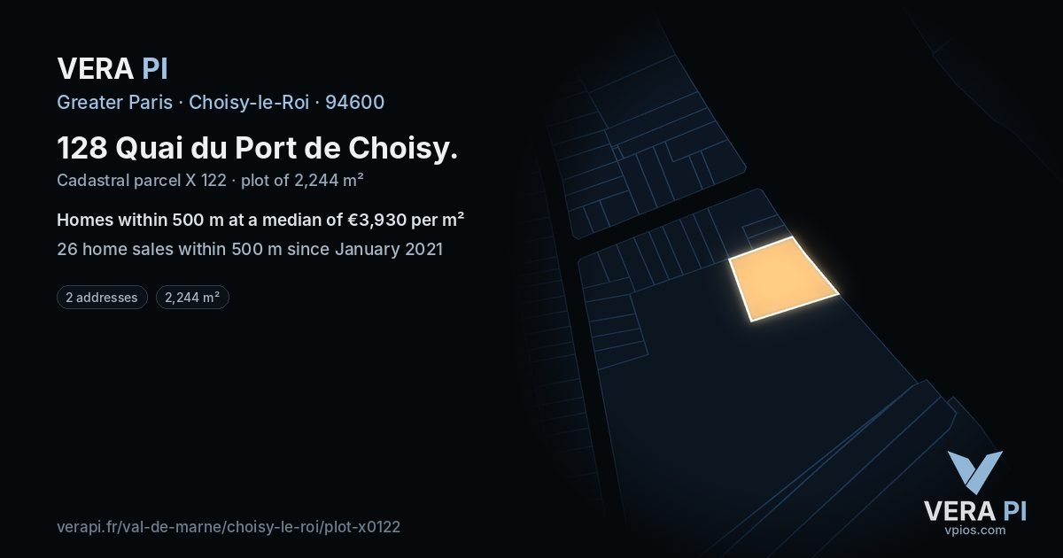 128 Quai du Port de Choisy, Choisy-le-Roi at night – the plot lit, the parcels around coloured by the prices near them