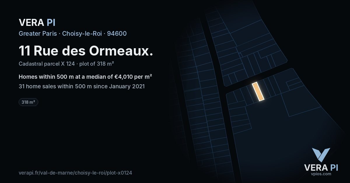 11 Rue des Ormeaux, Choisy-le-Roi at night – the plot lit, the parcels around coloured by the prices near them