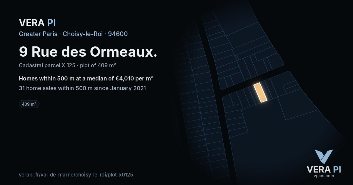9 Rue des Ormeaux, Choisy-le-Roi at night – the plot lit, the parcels around coloured by the prices near them