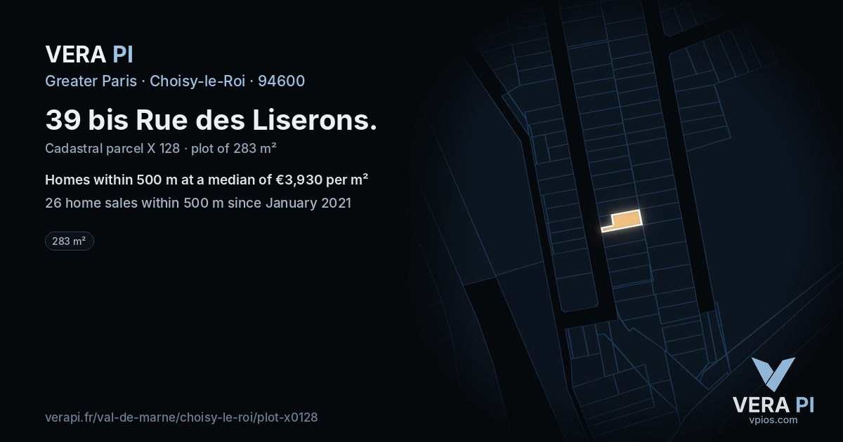 39 bis Rue des Liserons, Choisy-le-Roi at night – the plot lit, the parcels around coloured by the prices near them