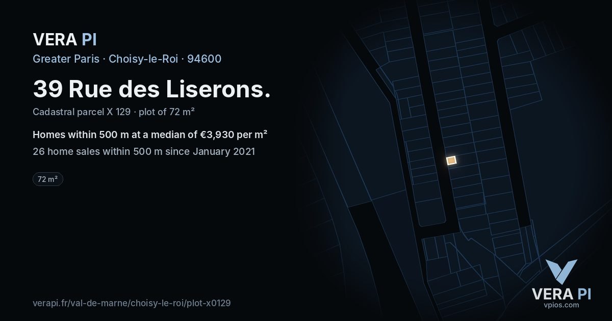 39 Rue des Liserons, Choisy-le-Roi at night – the plot lit, the parcels around coloured by the prices near them