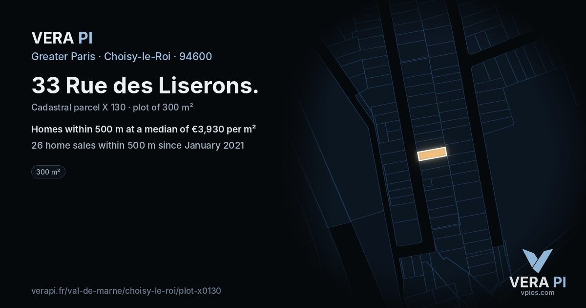 33 Rue des Liserons, Choisy-le-Roi at night – the plot lit, the parcels around coloured by the prices near them