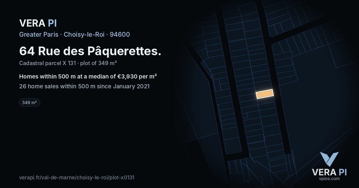 64 Rue des Pâquerettes, Choisy-le-Roi at night – the plot lit, the parcels around coloured by the prices near them