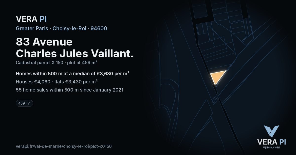 83 Avenue Charles Jules Vaillant, Choisy-le-Roi at night – the plot lit, the parcels around coloured by the prices near them