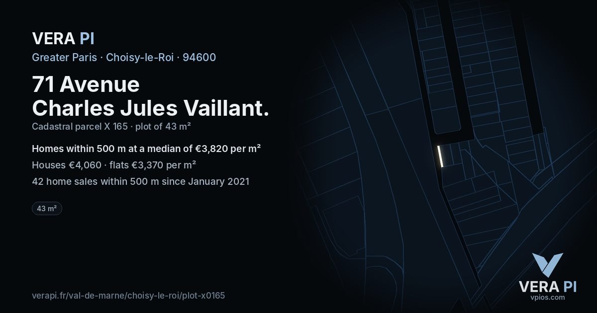71 Avenue Charles Jules Vaillant, Choisy-le-Roi at night – the plot lit, the parcels around coloured by the prices near them