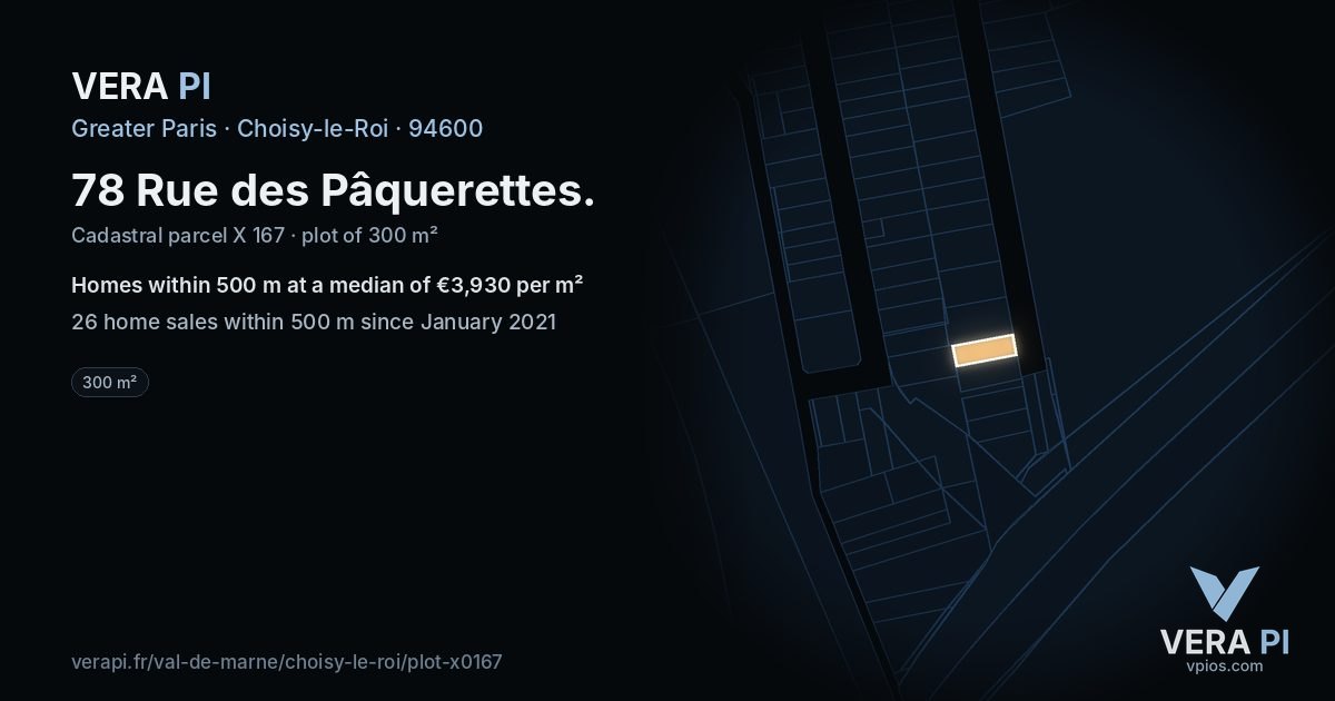 78 Rue des Pâquerettes, Choisy-le-Roi at night – the plot lit, the parcels around coloured by the prices near them