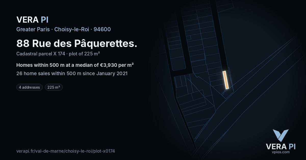 88 Rue des Pâquerettes, Choisy-le-Roi at night – the plot lit, the parcels around coloured by the prices near them