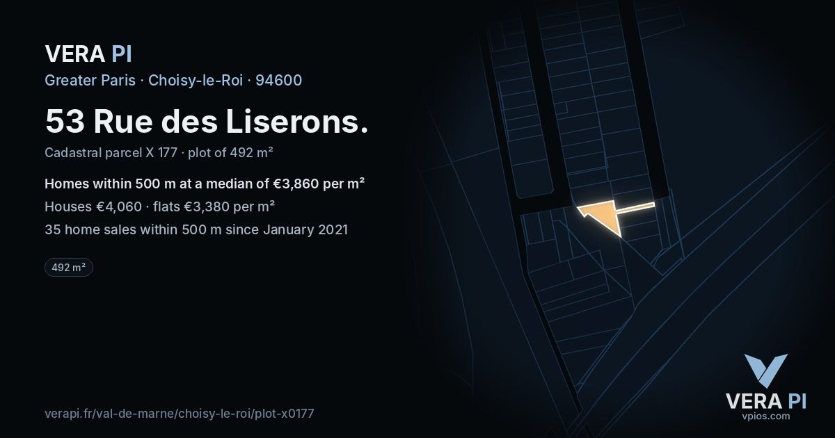 53 Rue des Liserons, Choisy-le-Roi at night – the plot lit, the parcels around coloured by the prices near them