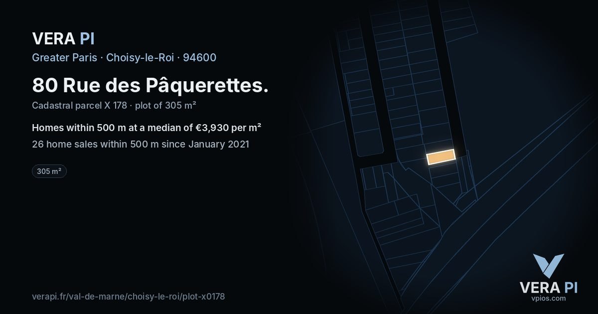 80 Rue des Pâquerettes, Choisy-le-Roi at night – the plot lit, the parcels around coloured by the prices near them