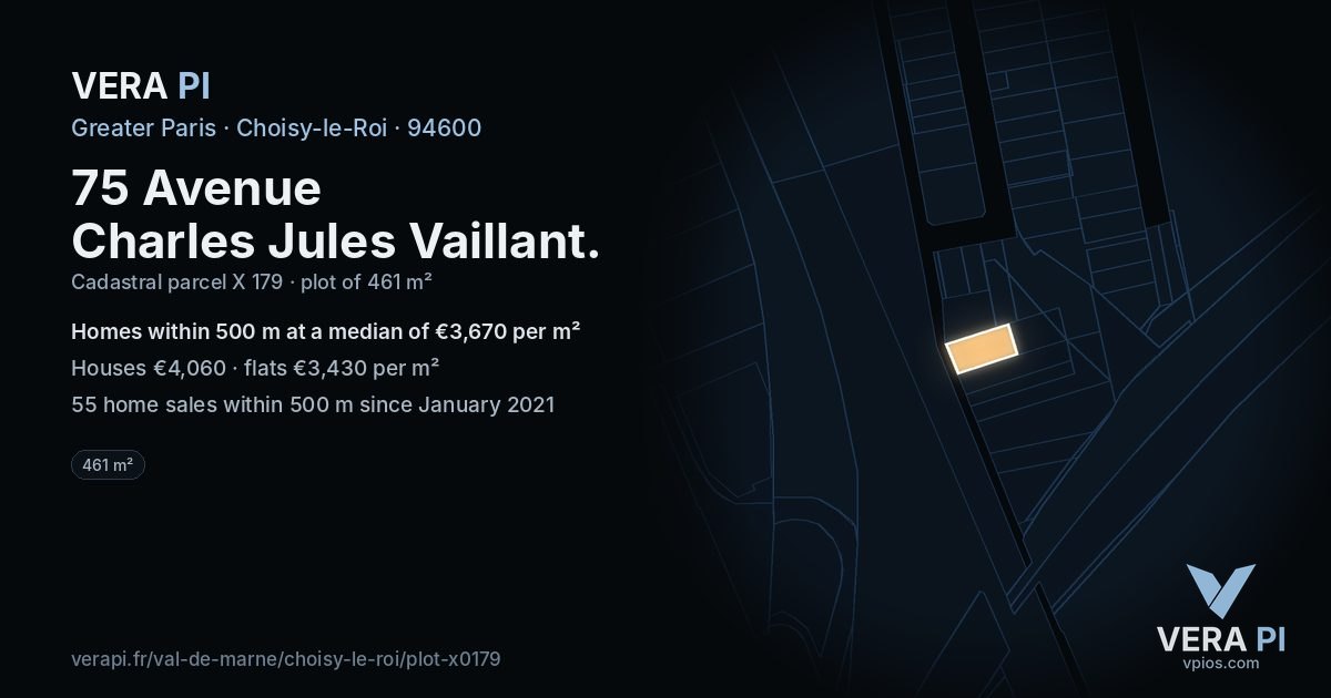75 Avenue Charles Jules Vaillant, Choisy-le-Roi at night – the plot lit, the parcels around coloured by the prices near them