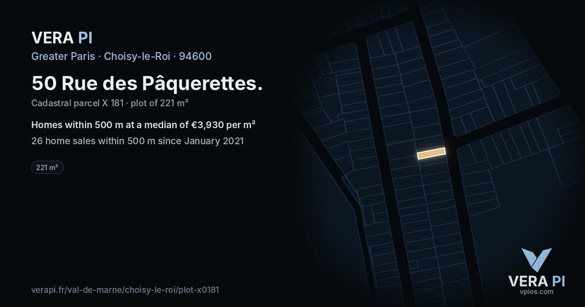 50 Rue des Pâquerettes, Choisy-le-Roi at night – the plot lit, the parcels around coloured by the prices near them