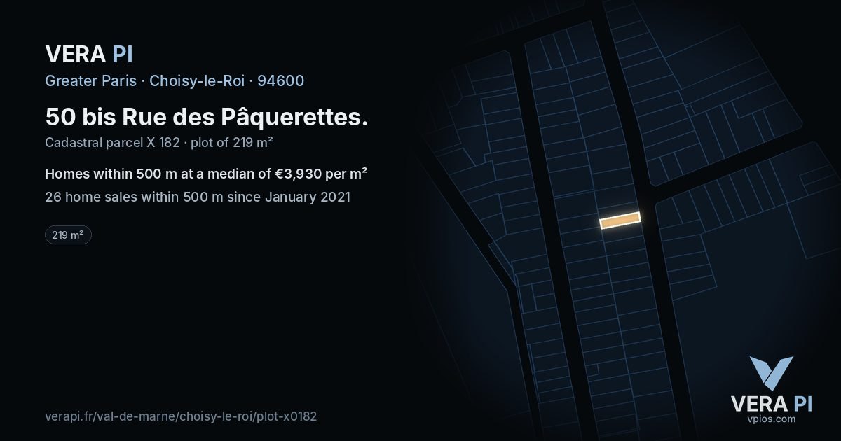 50 bis Rue des Pâquerettes, Choisy-le-Roi at night – the plot lit, the parcels around coloured by the prices near them