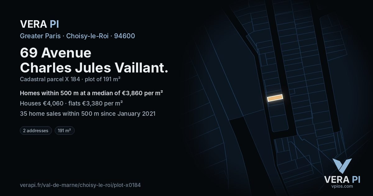 69 Avenue Charles Jules Vaillant, Choisy-le-Roi at night – the plot lit, the parcels around coloured by the prices near them