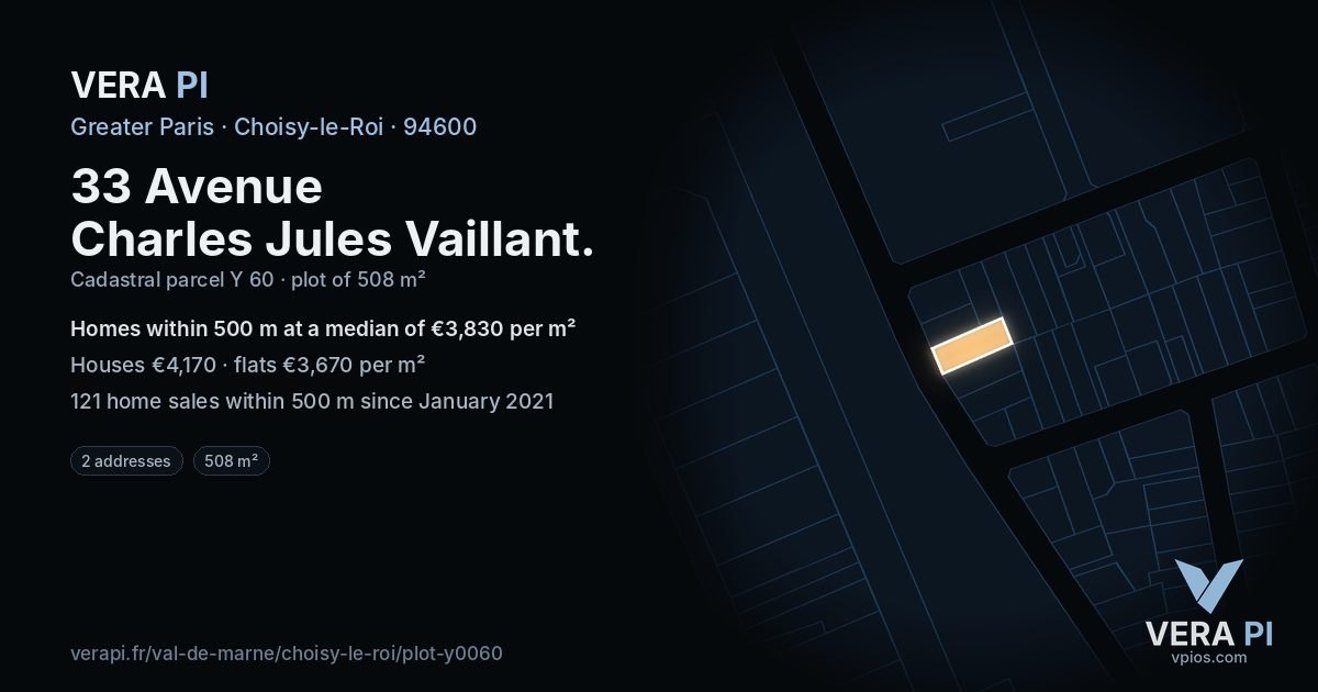33 Avenue Charles Jules Vaillant, Choisy-le-Roi at night – the plot lit, the parcels around coloured by the prices near them