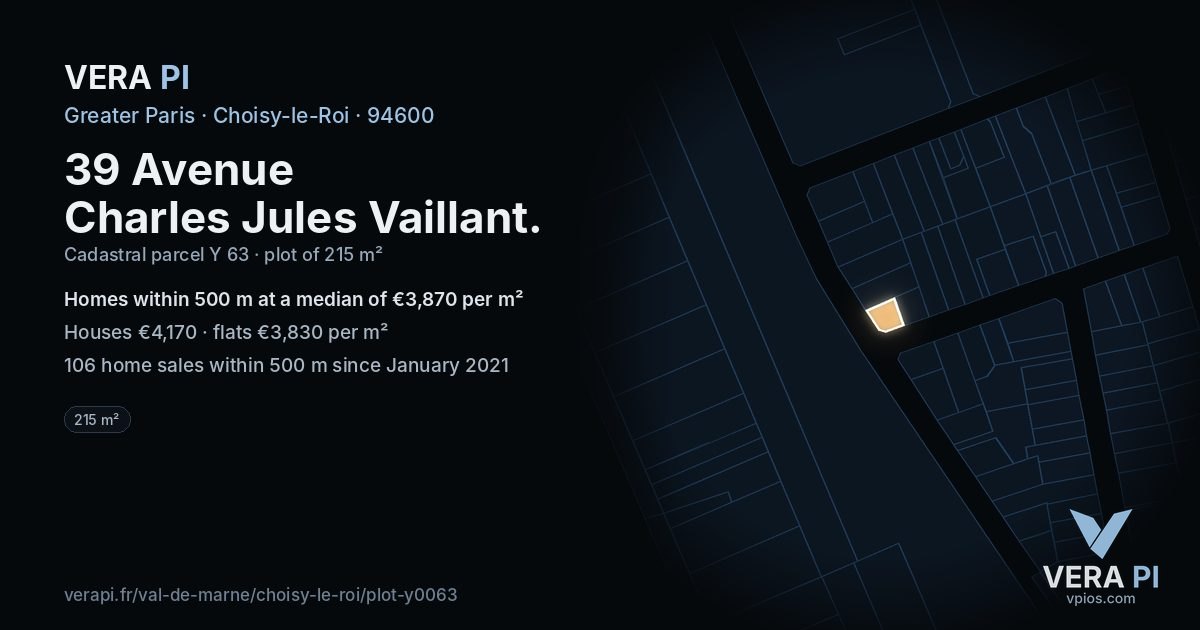 39 Avenue Charles Jules Vaillant, Choisy-le-Roi at night – the plot lit, the parcels around coloured by the prices near them