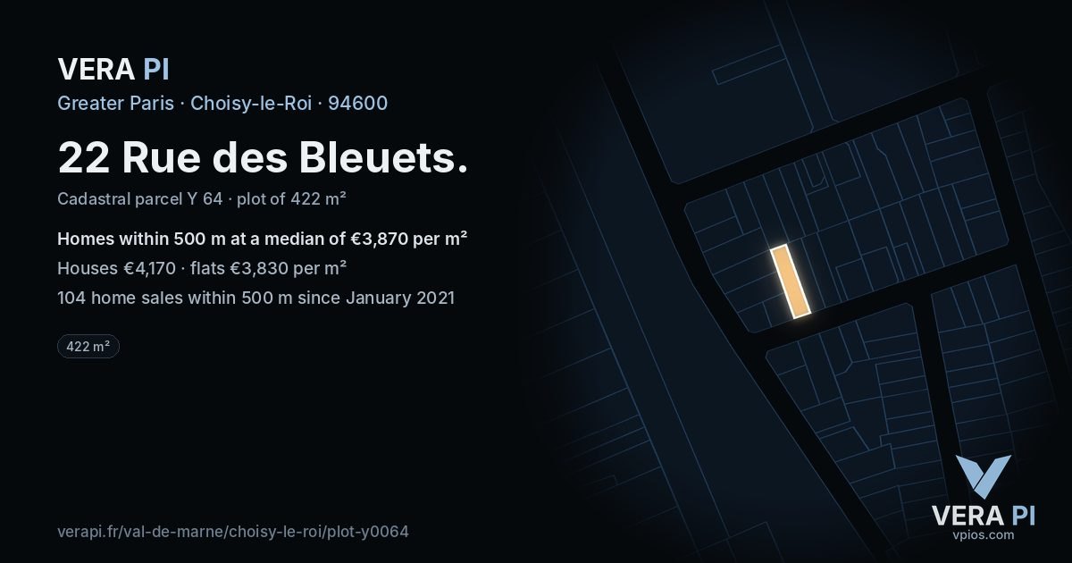 22 Rue des Bleuets, Choisy-le-Roi at night – the plot lit, the parcels around coloured by the prices near them