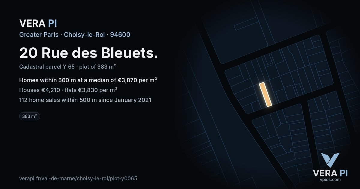 20 Rue des Bleuets, Choisy-le-Roi at night – the plot lit, the parcels around coloured by the prices near them