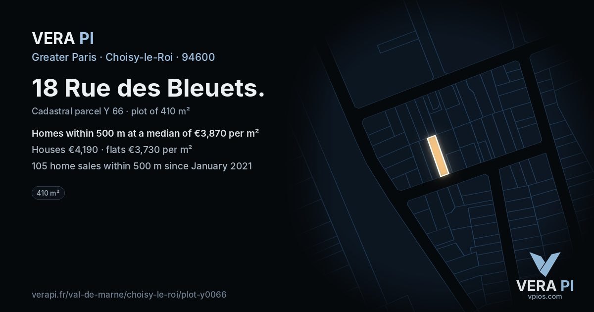 18 Rue des Bleuets, Choisy-le-Roi at night – the plot lit, the parcels around coloured by the prices near them