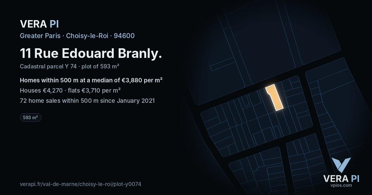 11 Rue Edouard Branly, Choisy-le-Roi at night – the plot lit, the parcels around coloured by the prices near them