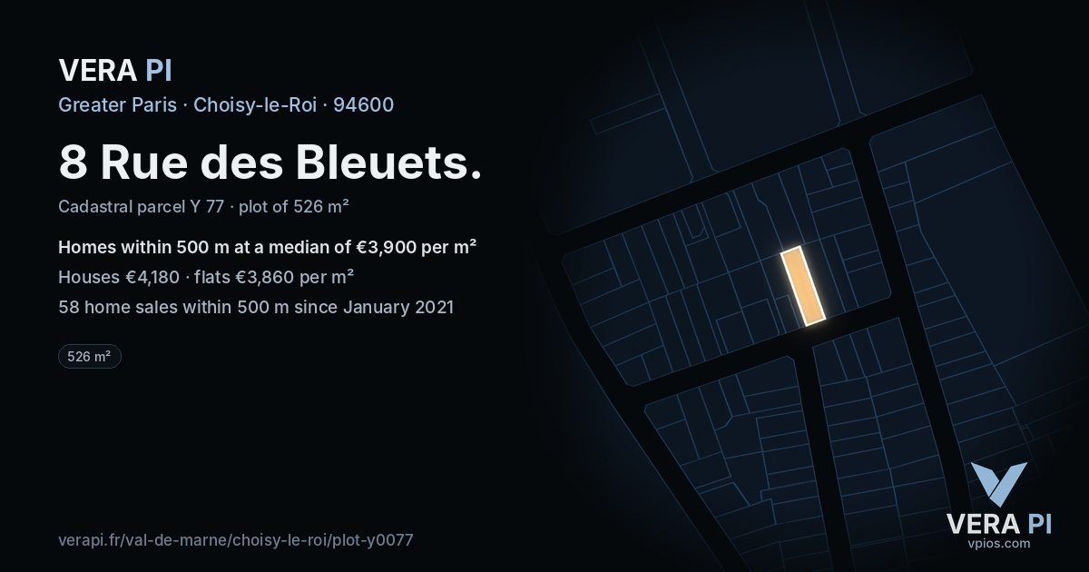 8 Rue des Bleuets, Choisy-le-Roi at night – the plot lit, the parcels around coloured by the prices near them