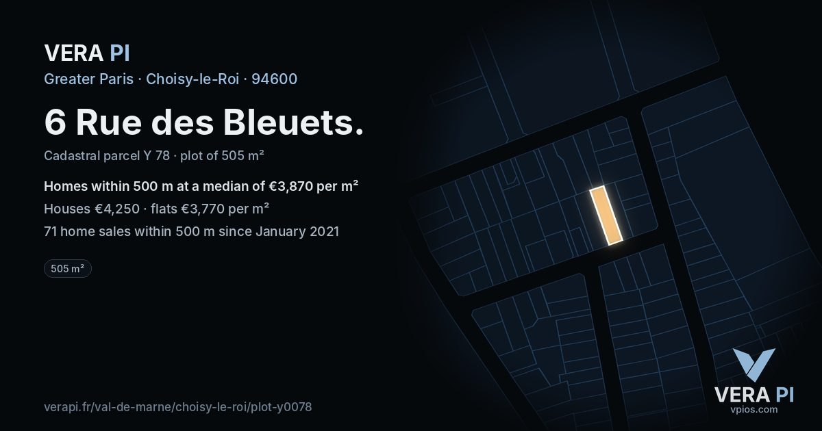 6 Rue des Bleuets, Choisy-le-Roi at night – the plot lit, the parcels around coloured by the prices near them
