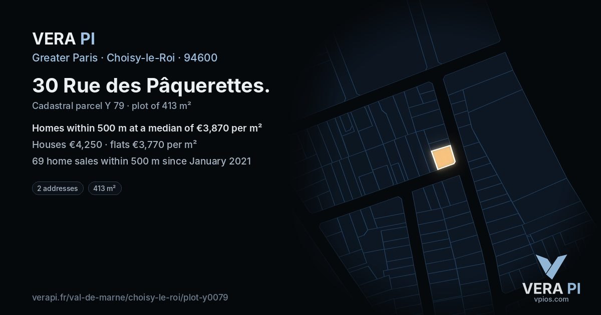 30 Rue des Pâquerettes, Choisy-le-Roi at night – the plot lit, the parcels around coloured by the prices near them