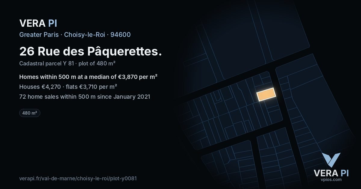 26 Rue des Pâquerettes, Choisy-le-Roi at night – the plot lit, the parcels around coloured by the prices near them