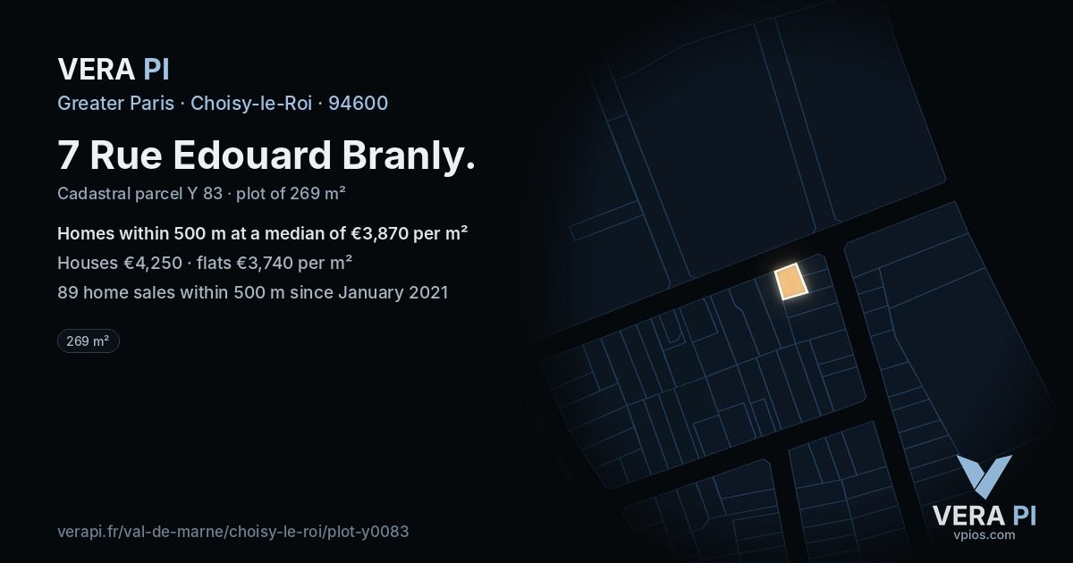7 Rue Edouard Branly, Choisy-le-Roi at night – the plot lit, the parcels around coloured by the prices near them