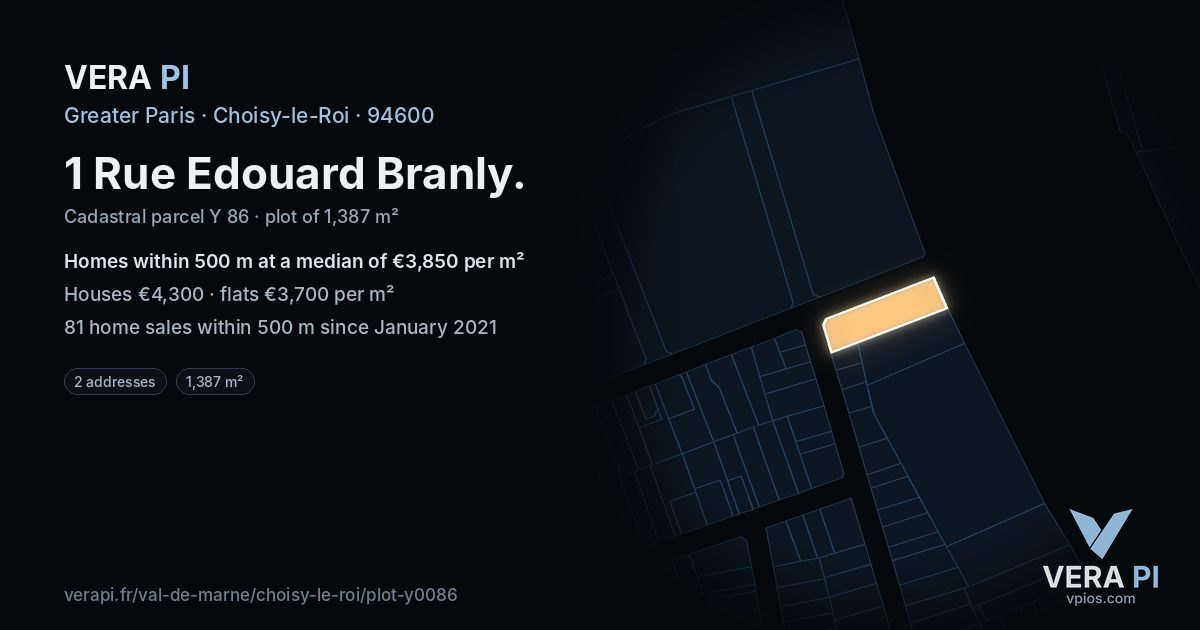 1 Rue Edouard Branly, Choisy-le-Roi at night – the plot lit, the parcels around coloured by the prices near them