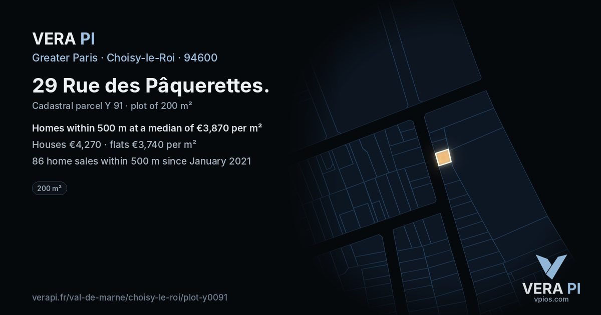 29 Rue des Pâquerettes, Choisy-le-Roi at night – the plot lit, the parcels around coloured by the prices near them