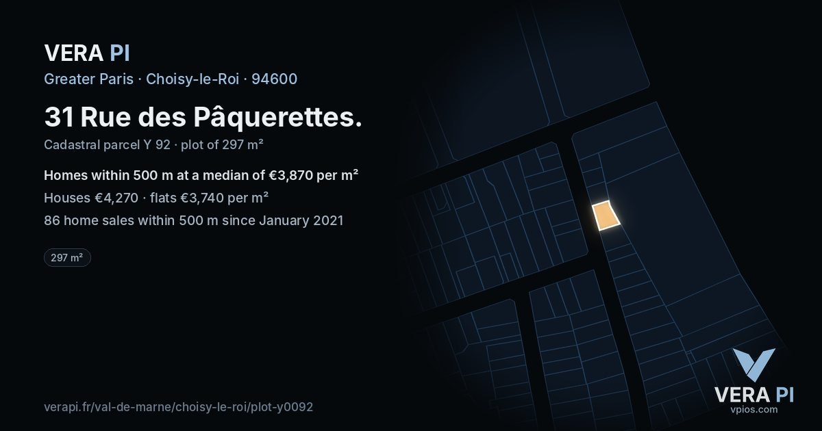 31 Rue des Pâquerettes, Choisy-le-Roi at night – the plot lit, the parcels around coloured by the prices near them