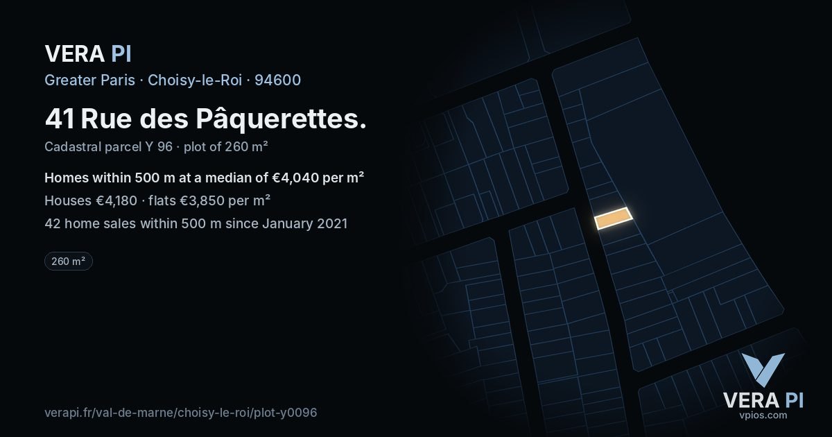 41 Rue des Pâquerettes, Choisy-le-Roi at night – the plot lit, the parcels around coloured by the prices near them