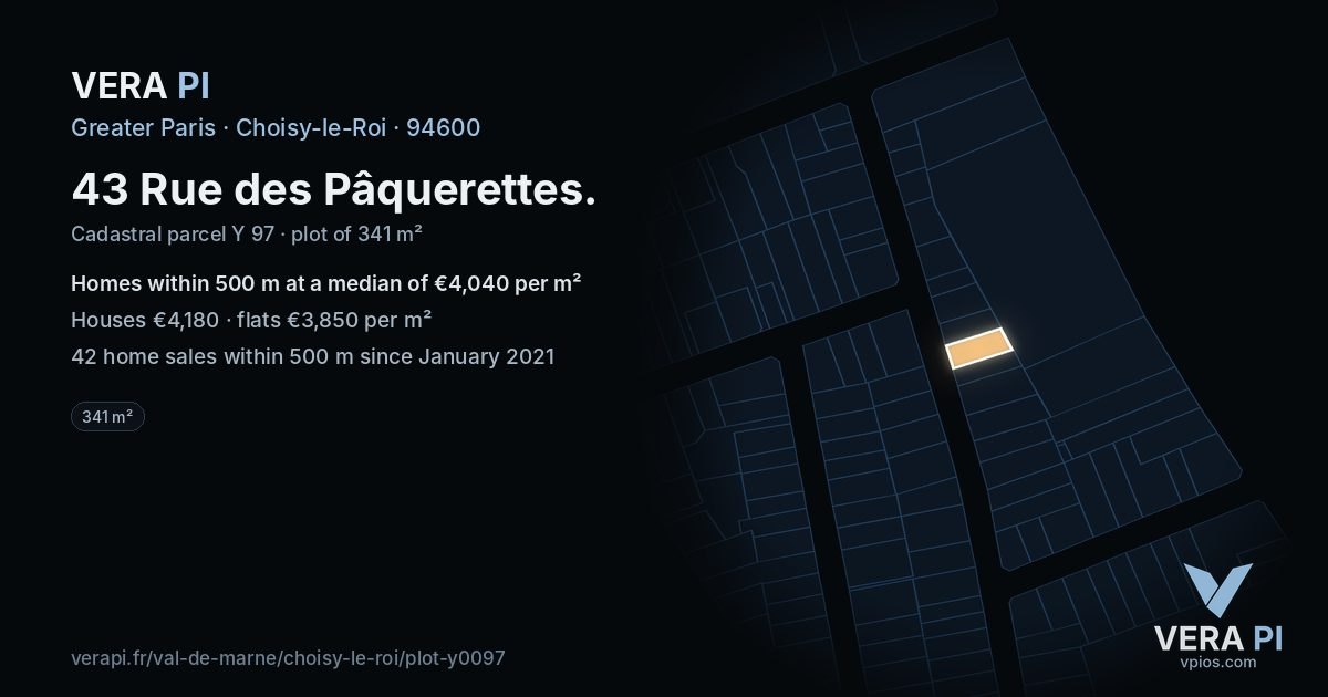 43 Rue des Pâquerettes, Choisy-le-Roi at night – the plot lit, the parcels around coloured by the prices near them