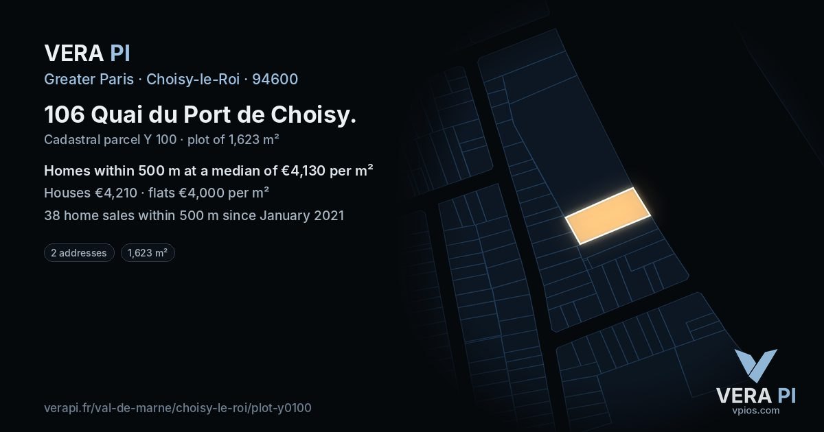 106 Quai du Port de Choisy, Choisy-le-Roi at night – the plot lit, the parcels around coloured by the prices near them