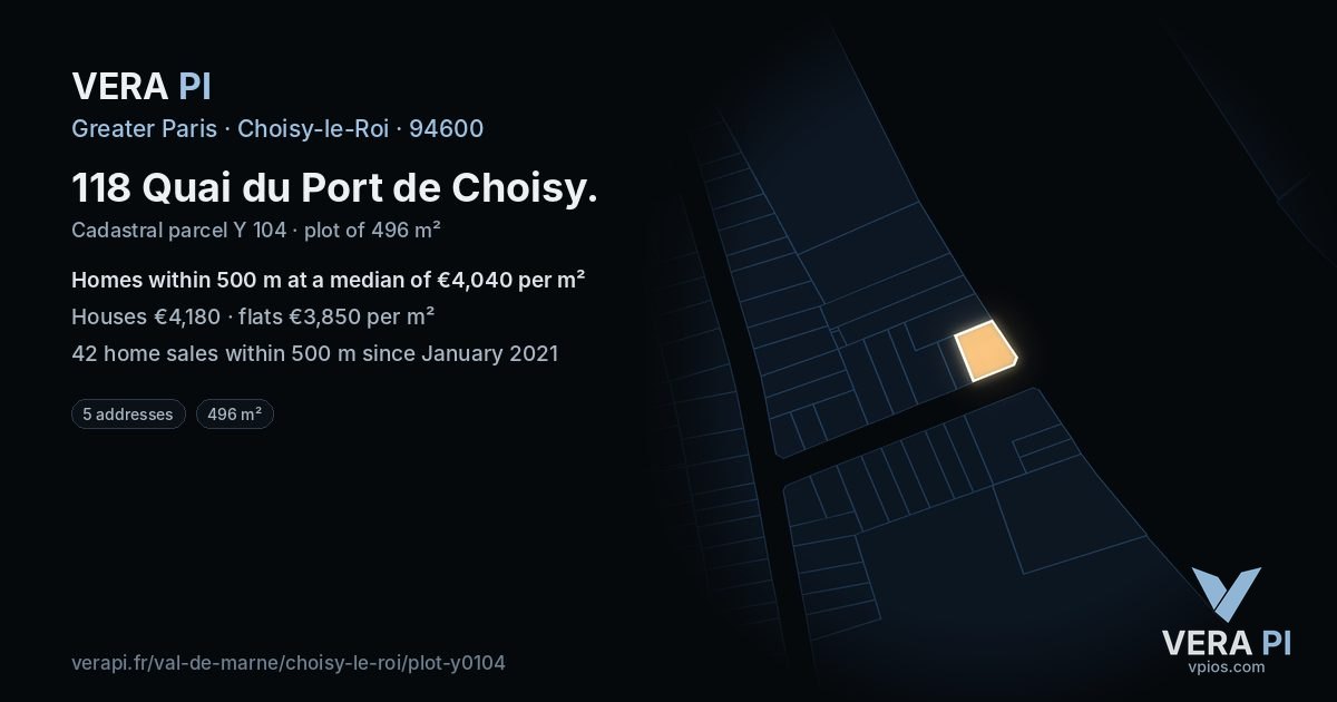 118 Quai du Port de Choisy, Choisy-le-Roi at night – the plot lit, the parcels around coloured by the prices near them